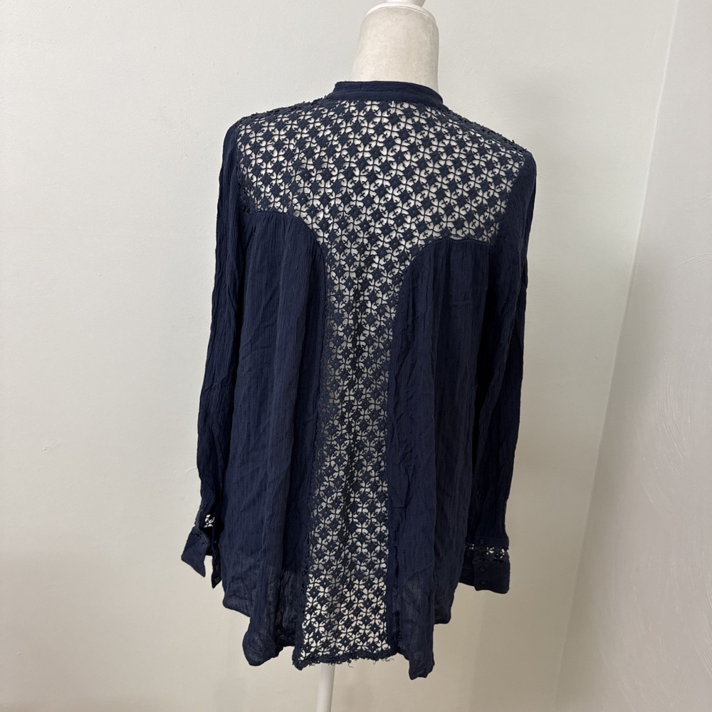 Free People Maroon Boho Embroidered Lace Up Long Sleeve Blouse Sz XS Navy Blue